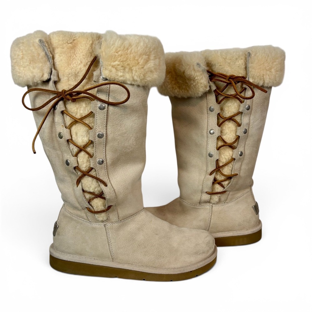 UGG Australia Sunburst Tall Suede Shearling Boots Sand 5163 Womens 8